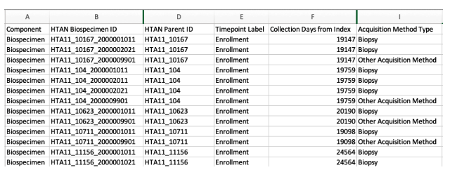 HTAN Tabular Data within Excel